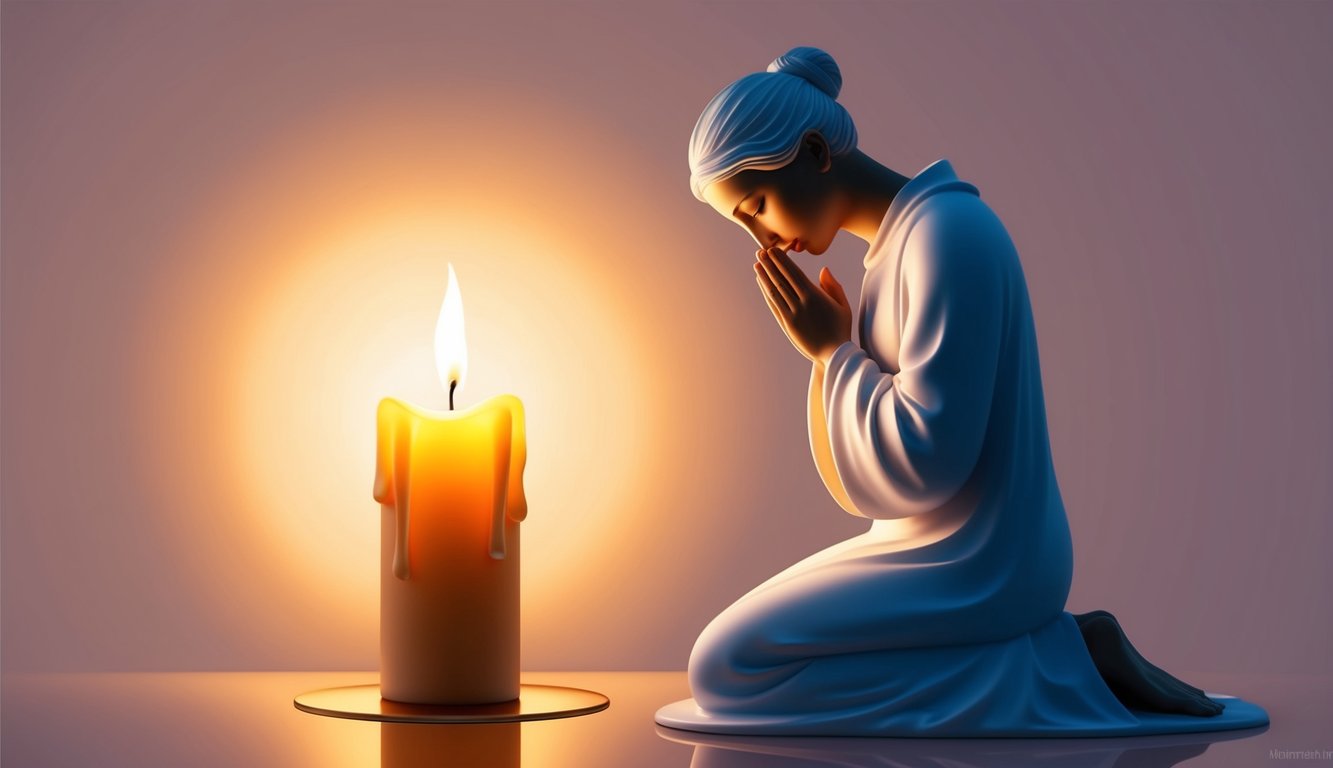 A serene figure sits in front of a glowing candle, head bowed in prayerful reflection, surrounded by soft, warm light