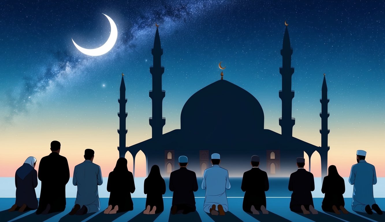 A serene night sky with a mosque silhouette and a group of people gathered for evening prayers