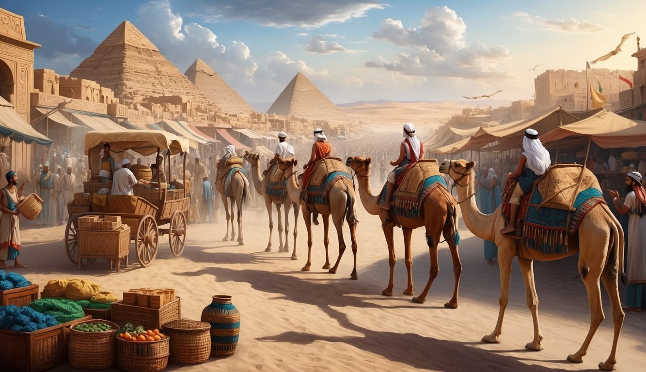 A caravan of camels and goods approaches a bustling Egyptian marketplace