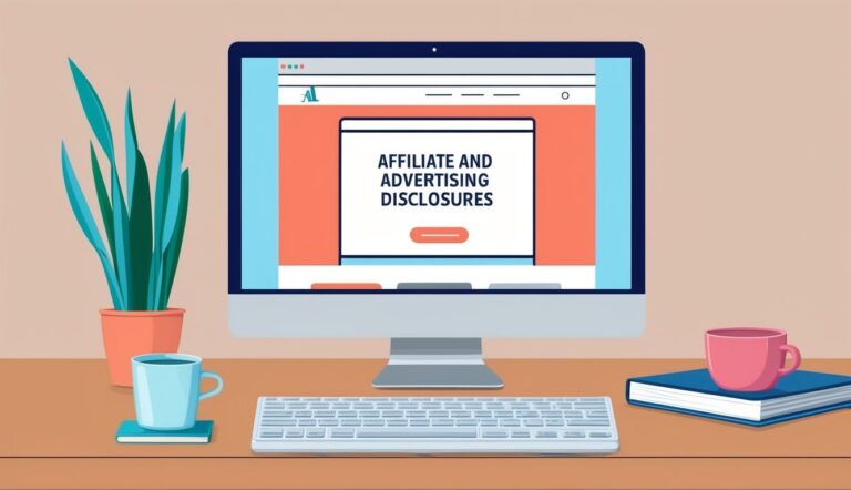 Computer screen displaying "Affiliate and Advertising Disclosures" with keyboard and coffee cups