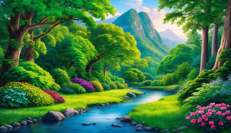 Scenic landscape with a river, lush greenery, and mountains in the background