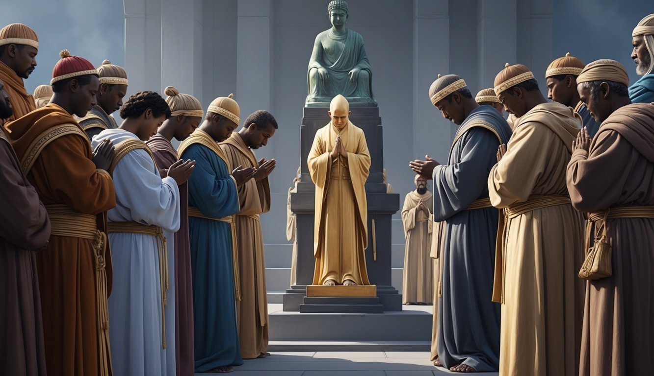 A gathering of people in ancient robes, standing around a statue with their heads bowed in reverence.</p><p>The atmosphere is solemn and reverent