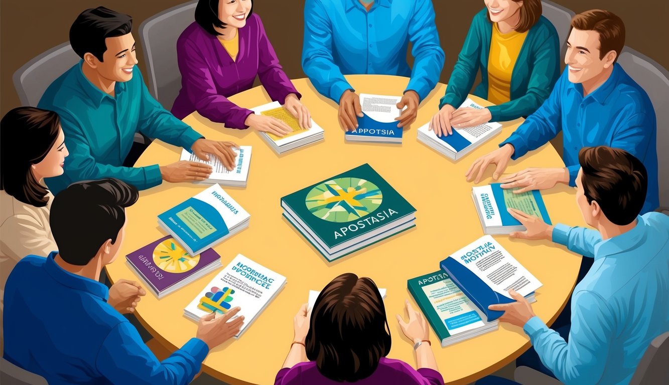 A group of people gather in a circle, sharing experiences and resources, while a supportive atmosphere is evident.</p><p>Books and pamphlets on apostasia are spread out on a table