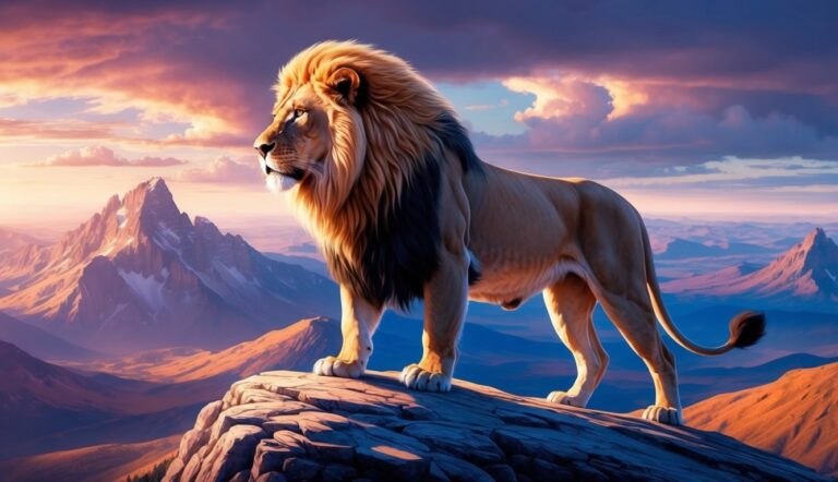 Majestic lion standing on a rock overlooking mountains at sunset