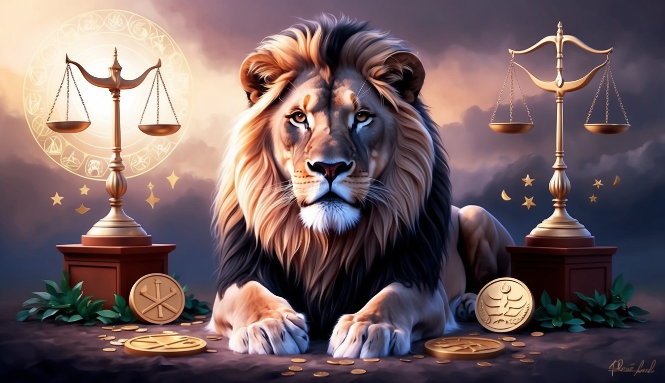 A serene and majestic lion, surrounded by symbols of justice and compassion, emanating a sense of wisdom and benevolence