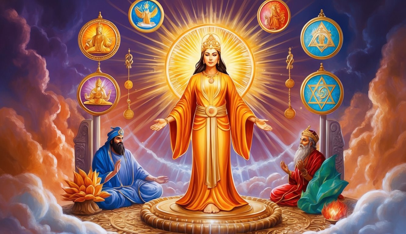 A radiant figure surrounded by symbols of wisdom and power