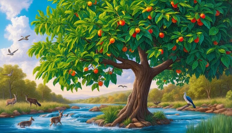 Tree with red fruit, river, deer, birds, and blue sky