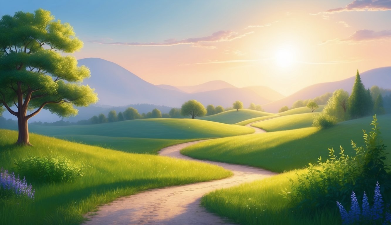 A serene, sunlit landscape with a winding path leading to a peaceful, forgiving setting