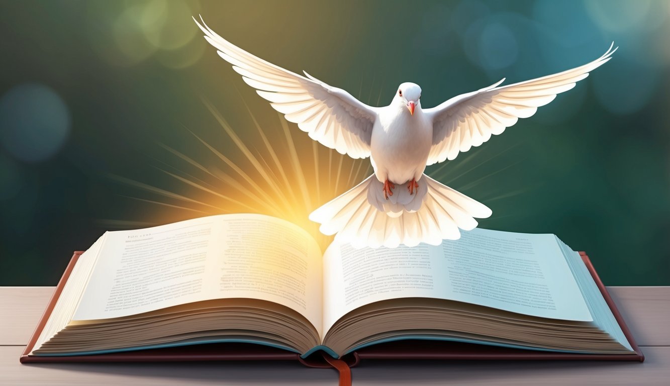 A peaceful dove flying over an open book with a glowing light emanating from its pages