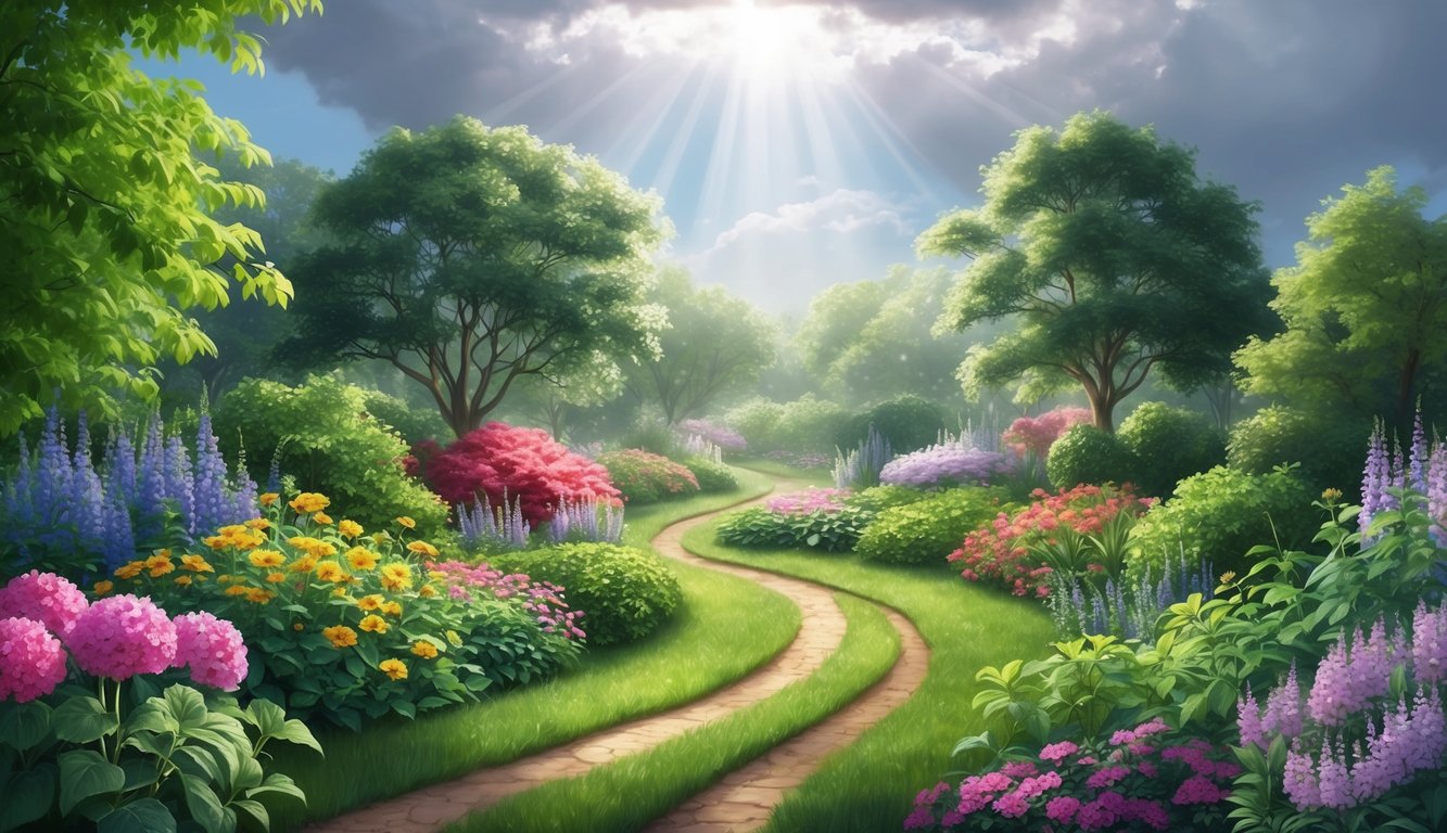 A serene garden with a path winding through vibrant flowers and lush greenery, while a beam of light breaks through the clouds above