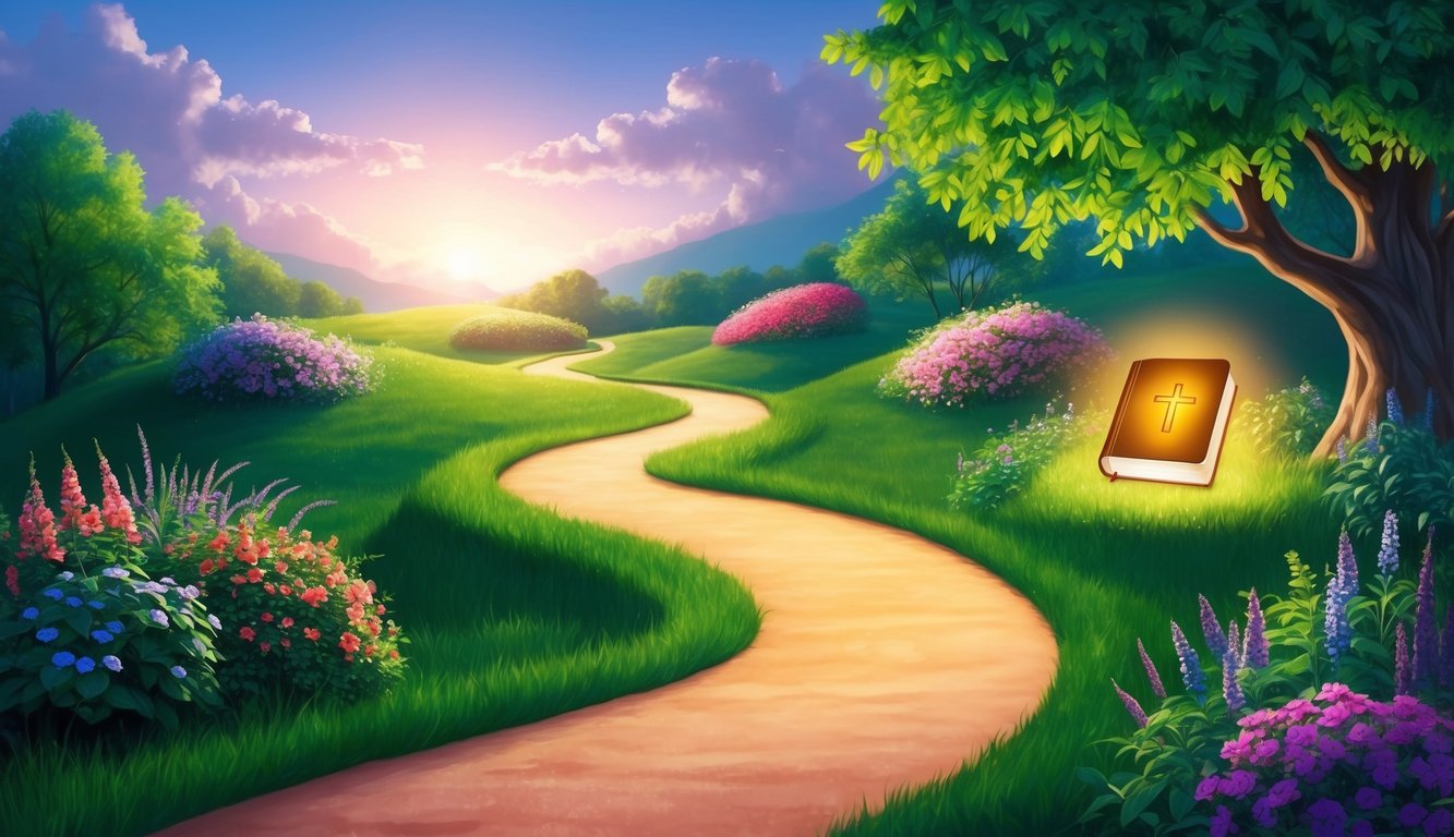 A serene landscape with a winding path leading to a glowing Bible surrounded by vibrant flowers and lush greenery