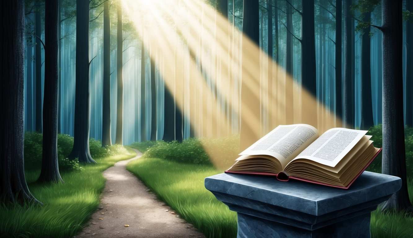 A beam of light shining through a dense forest, illuminating a path leading to an open book resting on a stone pedestal