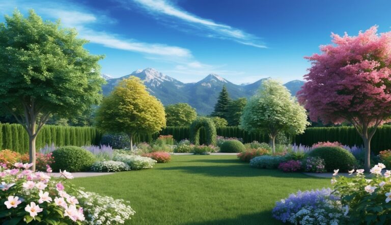 Lush garden with colorful trees, flowers, and mountains in the background