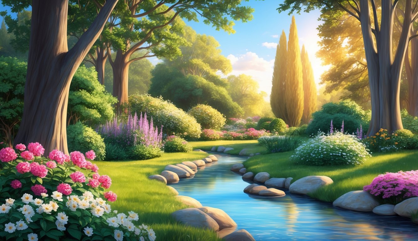 A serene garden with blooming flowers and a clear stream, surrounded by tall trees and bathed in warm sunlight