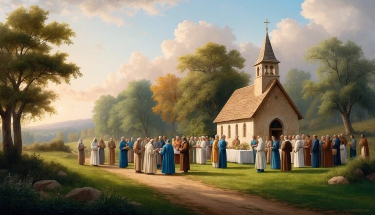 People in robes gather outside a church in a pastoral setting