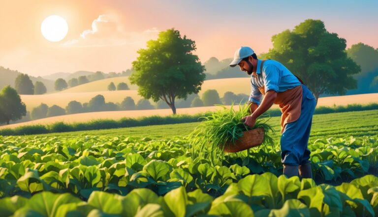 Farmer harvesting greens from a field, holding a basket, sunny landscape