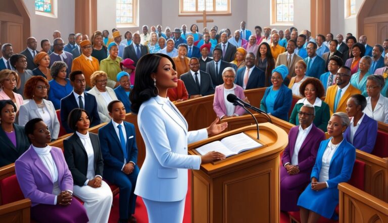 Woman in white suit speaking at a podium in front of a church congregation