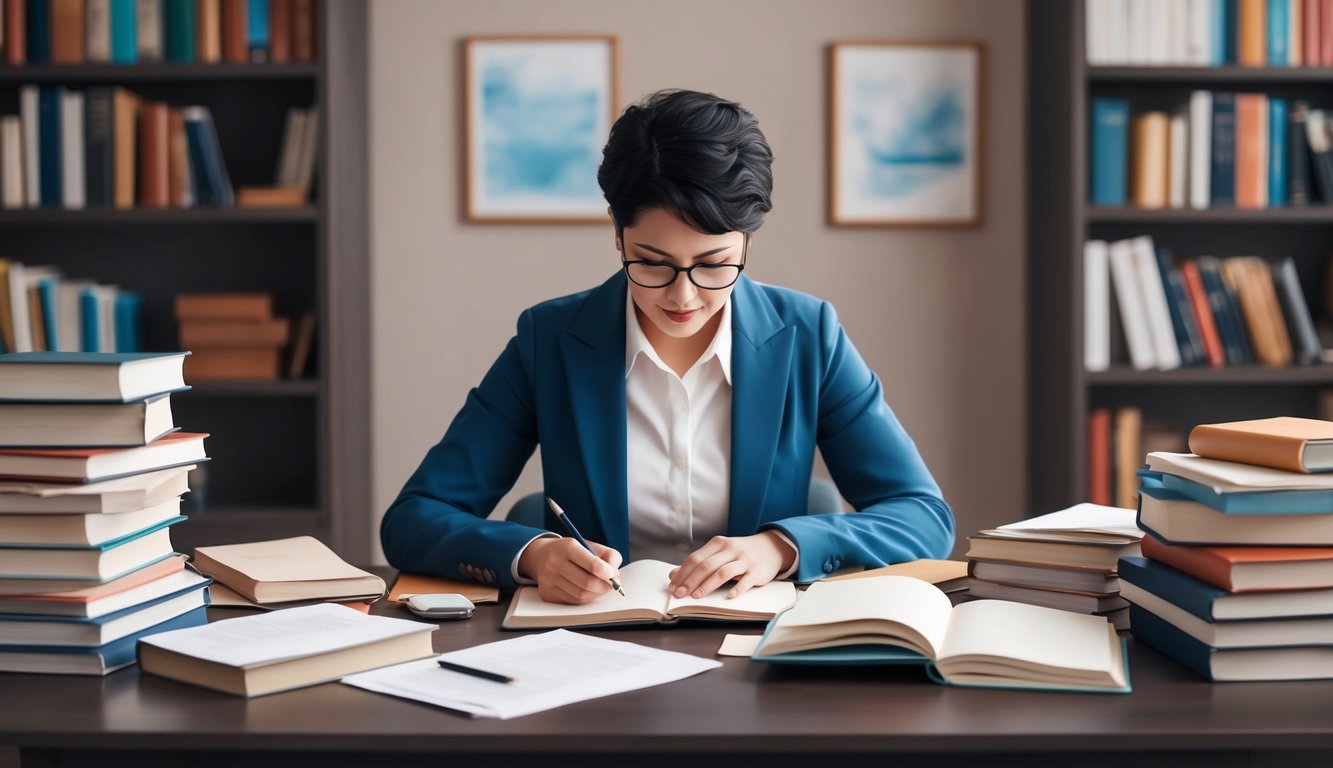 A person working diligently at a desk, surrounded by books and papers, with a sense of purpose and dedication