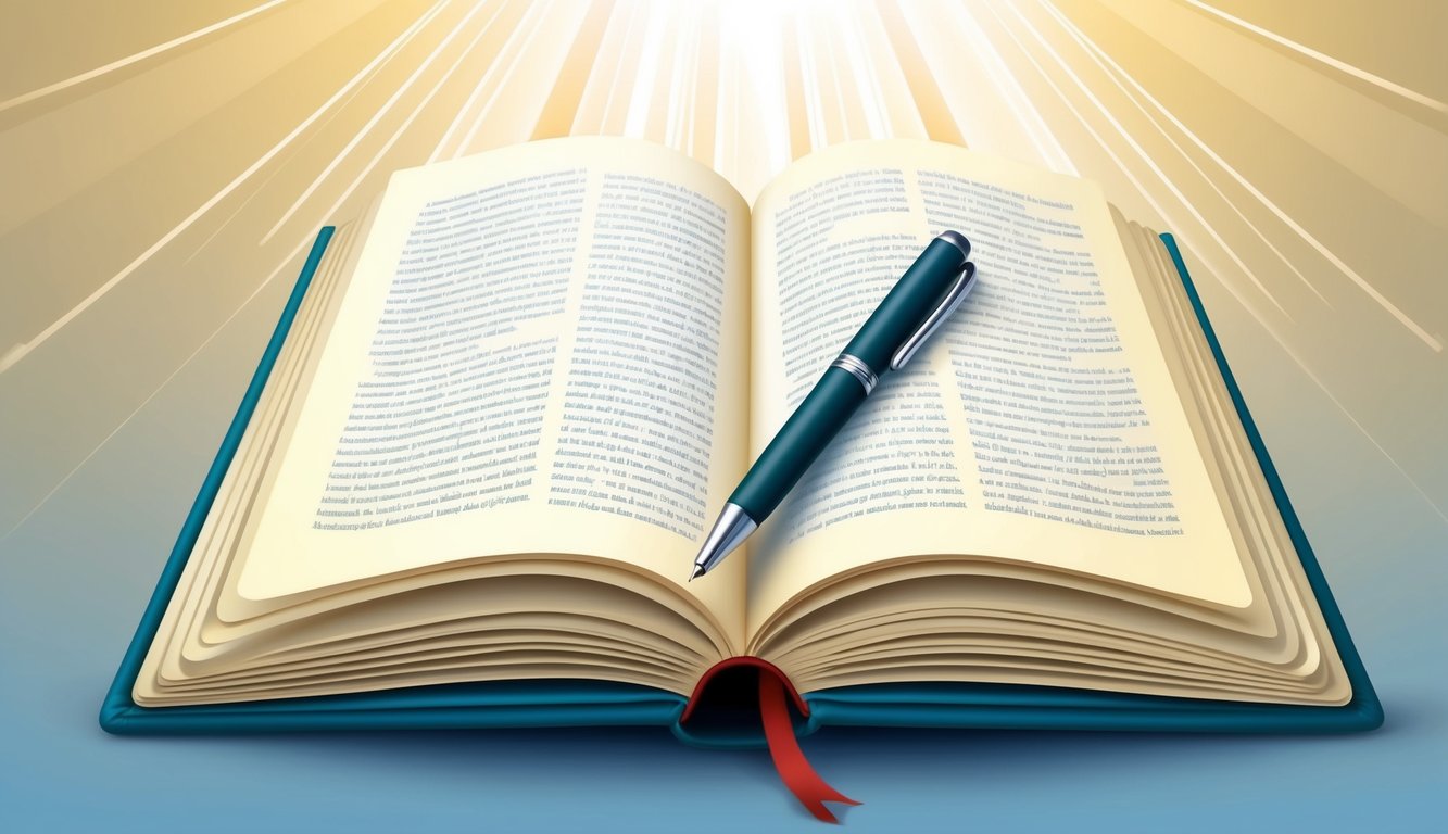 A serene, open book surrounded by rays of light, with a pen resting on the pages