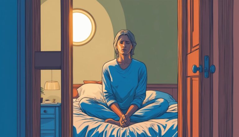 Woman meditating on bed in a bedroom with a round window
