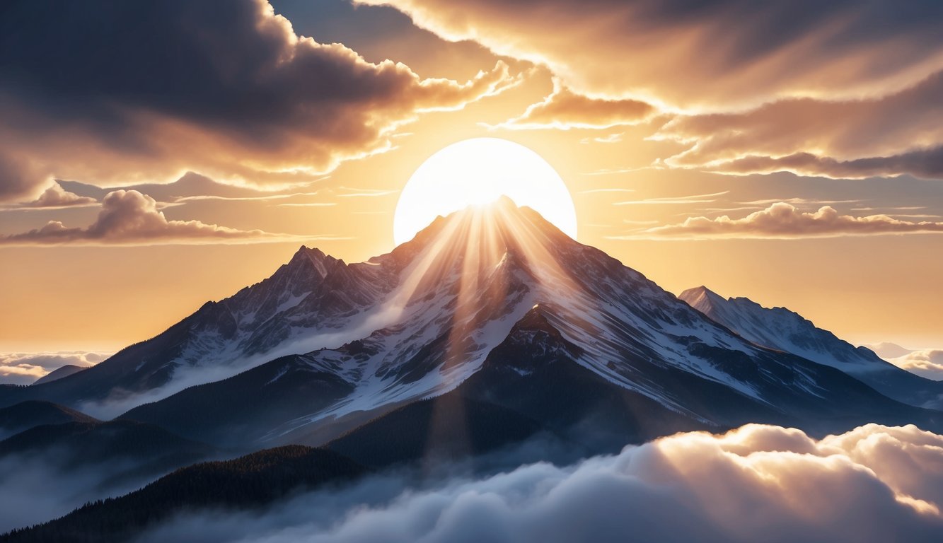 A majestic sunrise over a mountain peak, with rays of light shining through the clouds, casting a golden glow over the landscape