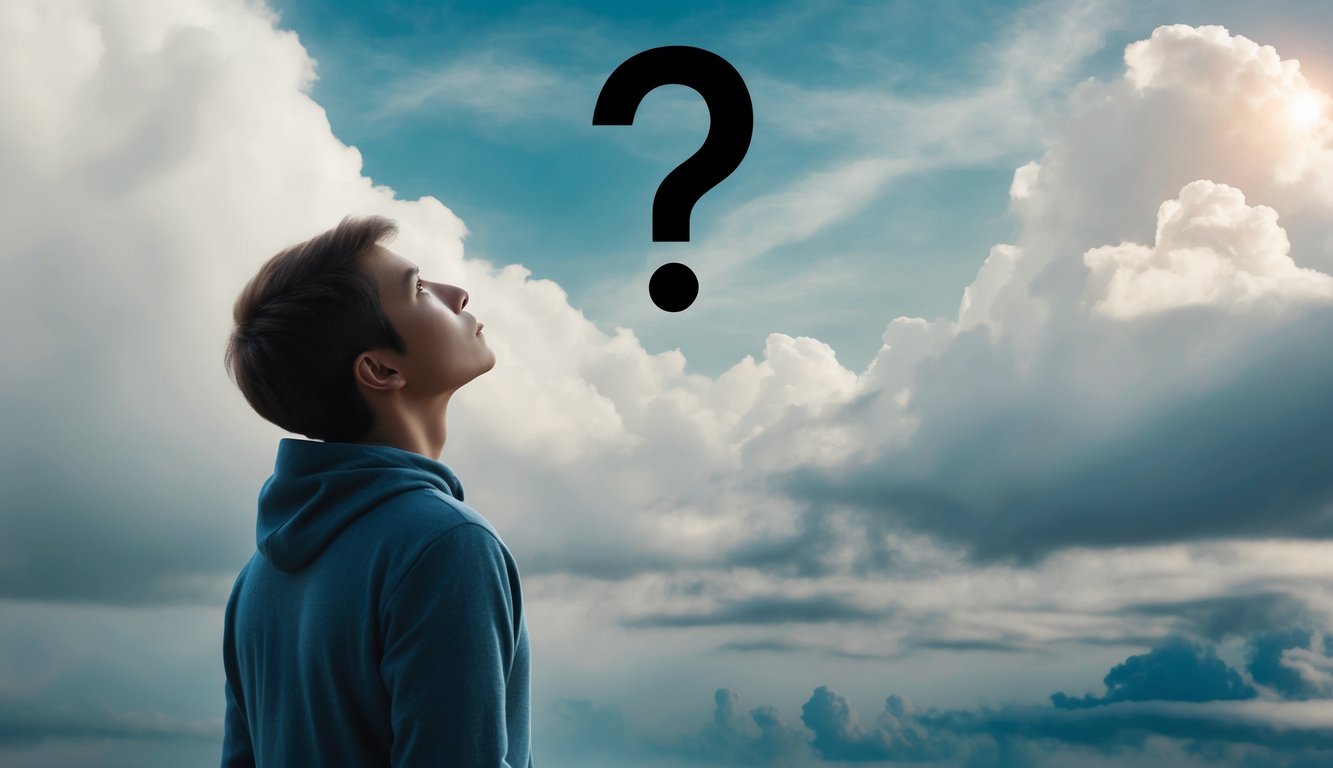 A figure gazing up at a cloudy sky, with a question mark hovering above their head