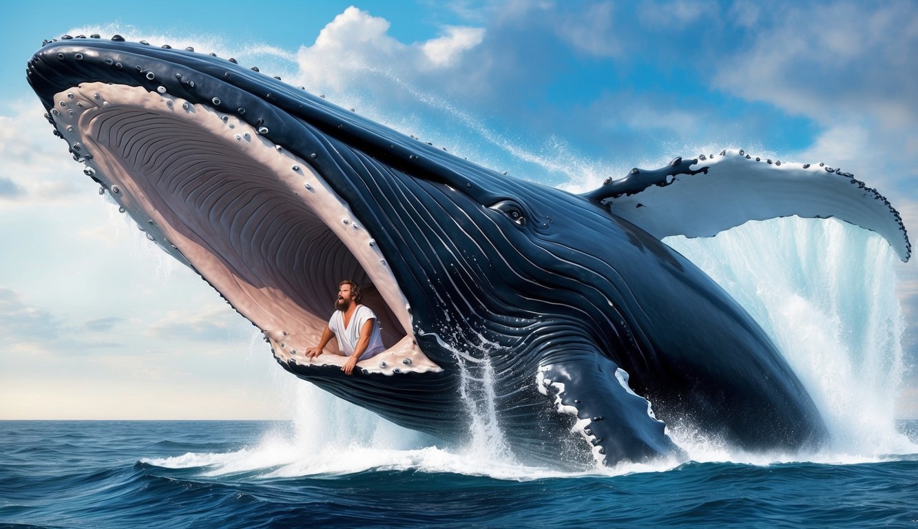 A massive whale breaches the ocean surface, its mouth open wide as Jonah looks out in awe from within