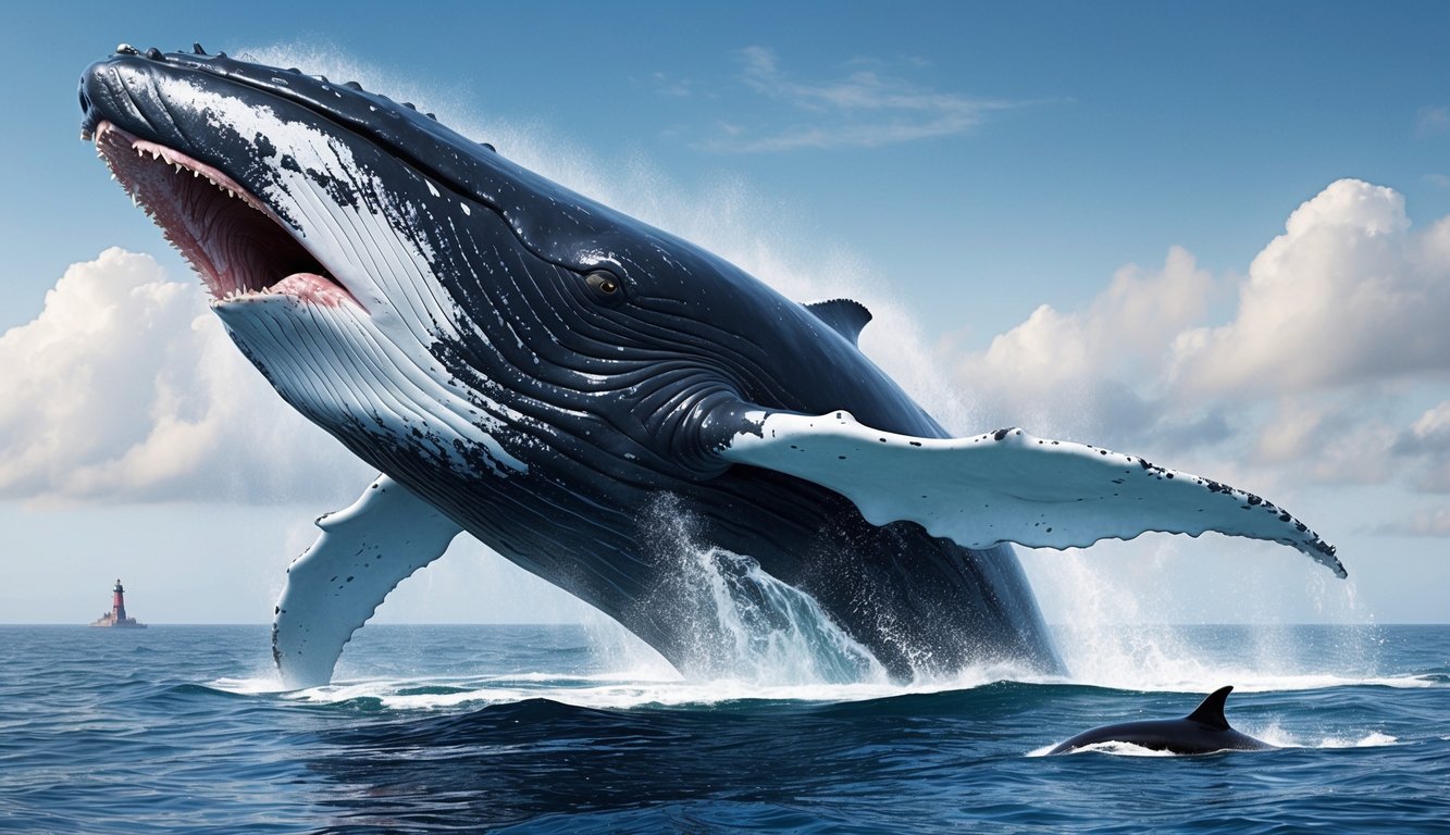 A massive whale breaches the ocean surface, its mouth agape as if about to swallow a tiny figure in the distance