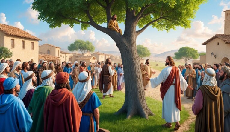 Jesus preaching to a crowd, with one man sitting in a tree