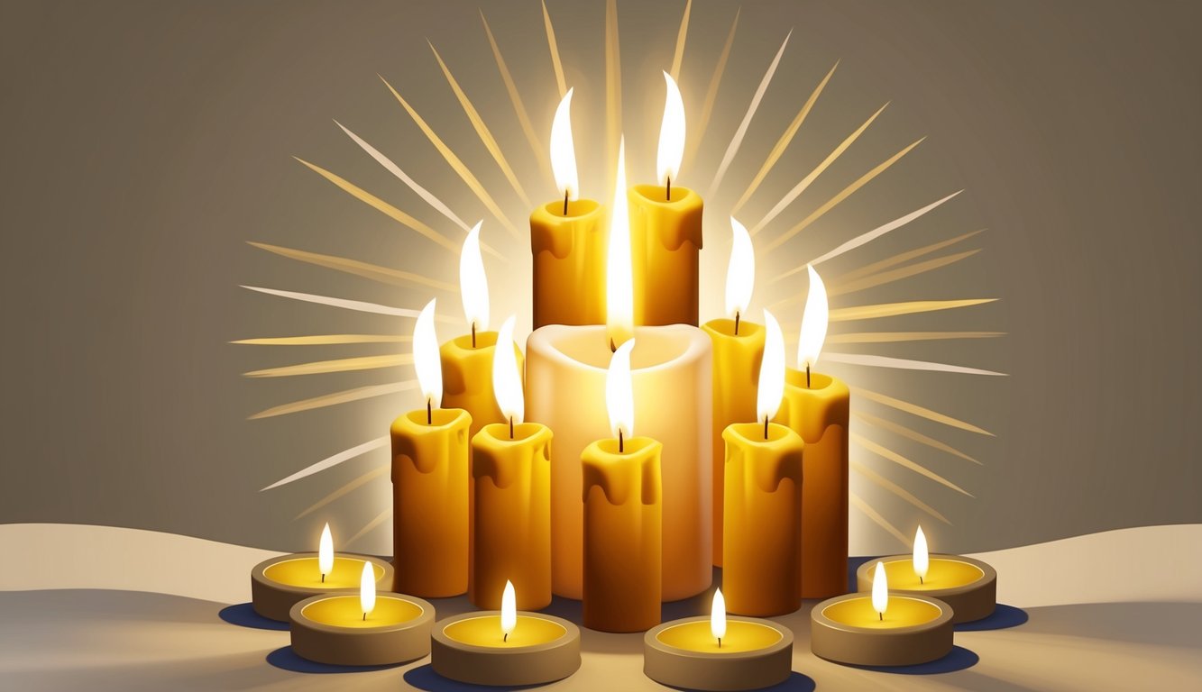 A glowing candle surrounded by nine smaller candles, with rays of light emanating from the center, symbolizing the spiritual power of a novena for miracles