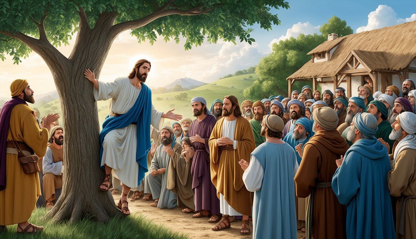 A tax collector climbs a tree to see Jesus.</p><p>Jesus notices him and invites himself to the man's house.</p><p>The crowd grumbles