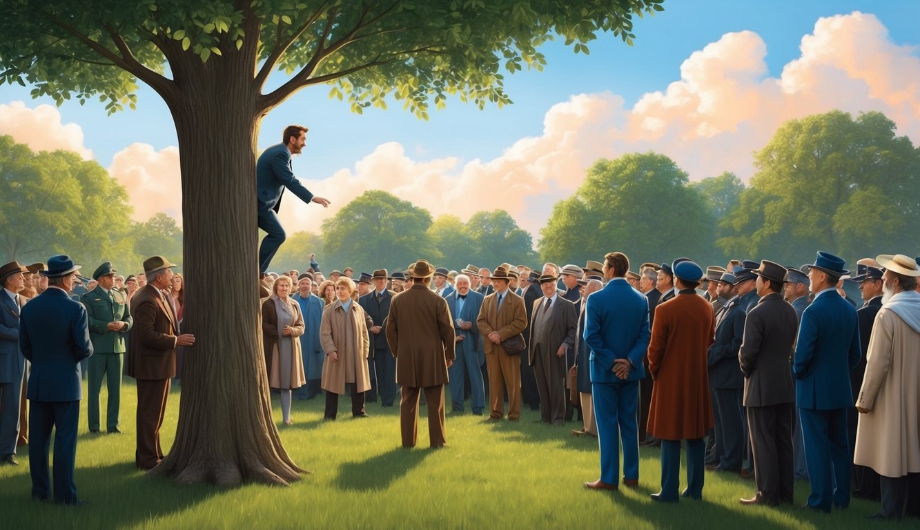 A crowd gathers as a short man in a tree is seen by a figure below