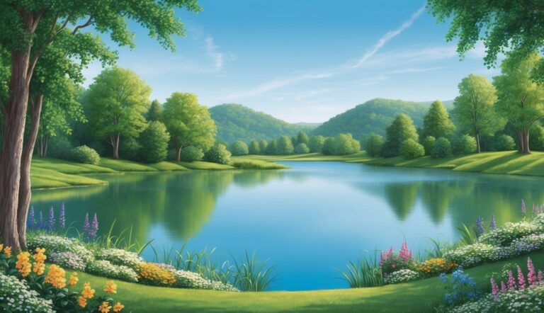 Scenic landscape with a lake, trees, flowers, and rolling green hills