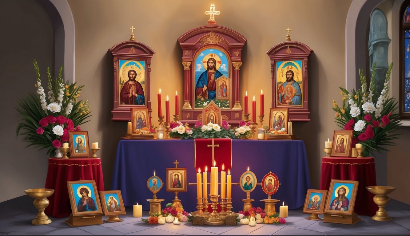 A candle-lit altar with religious icons surrounded by offerings and flowers