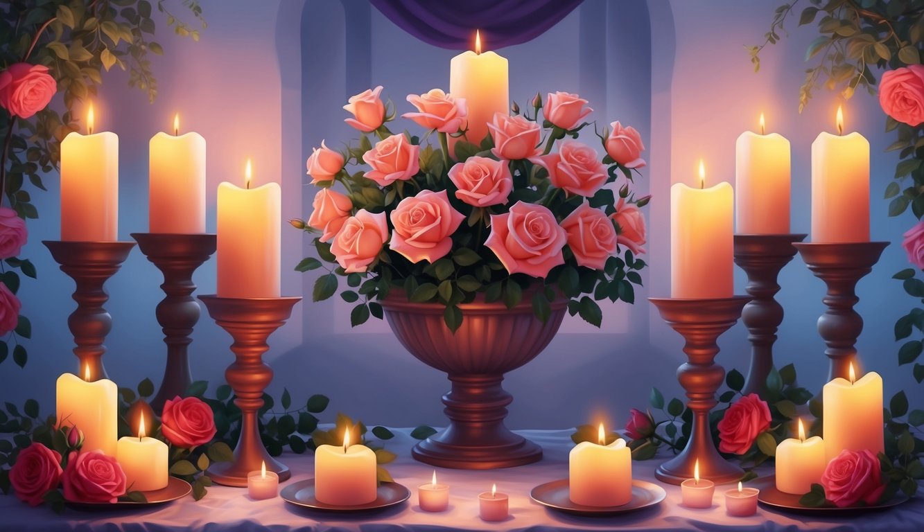 A serene, candlelit altar with roses and a peaceful atmosphere