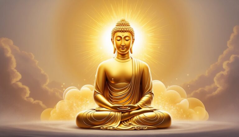 Golden Buddha statue in meditation with a radiant light and clouds
