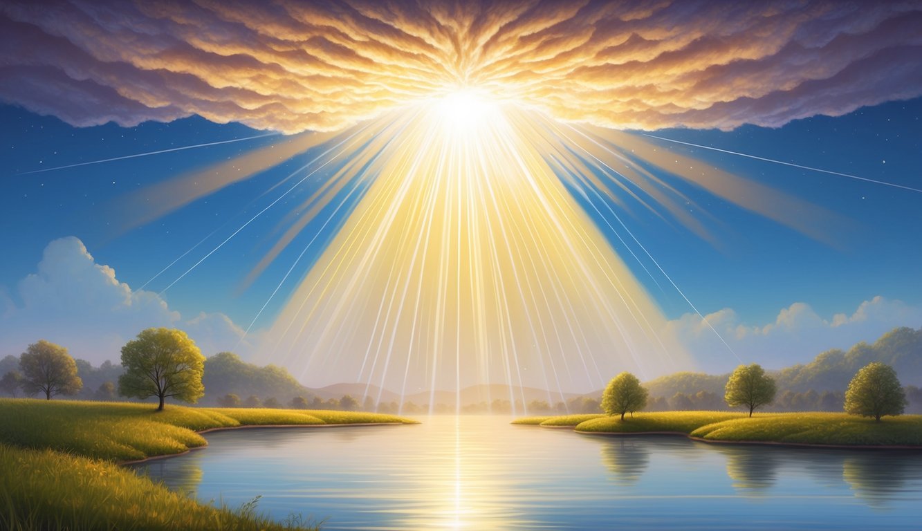 A radiant beam of light descends from the heavens, illuminating a tranquil landscape