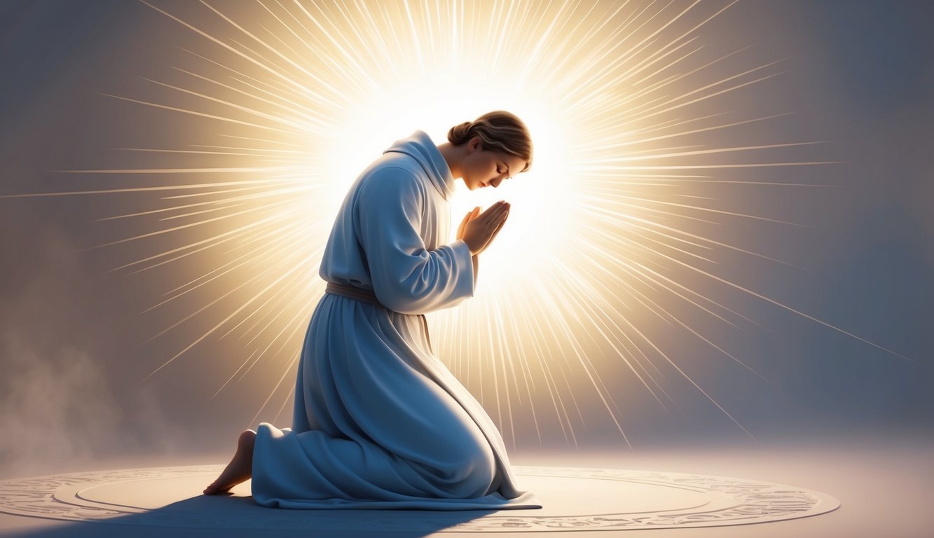 A serene figure kneels in prayer, surrounded by a radiant aura of light.</p><p>The atmosphere is peaceful and contemplative, with a sense of divine presence