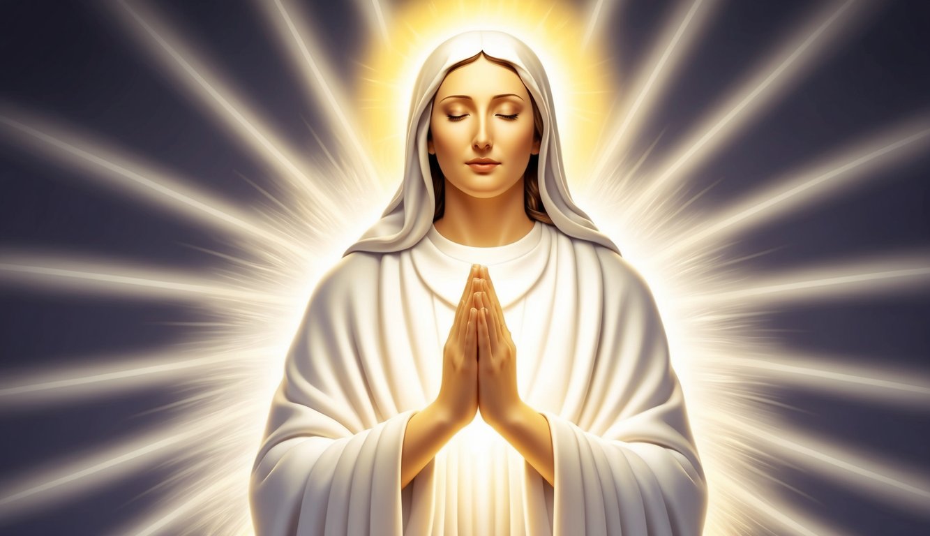 A serene figure surrounded by glowing light, with hands lifted in prayer.</p><p>Rays of light emanate from the figure, creating a sense of divine presence