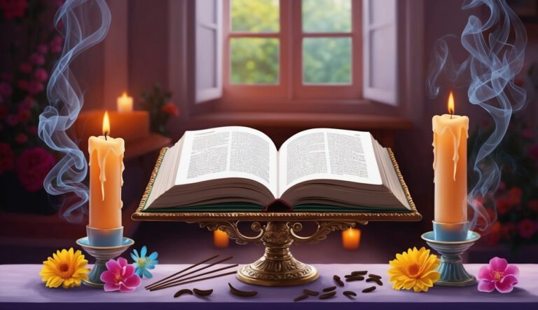 Open book on ornate stand with candles, flowers, and incense