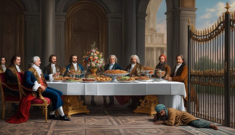 Men in formal attire dine at a lavish table, servant on floor