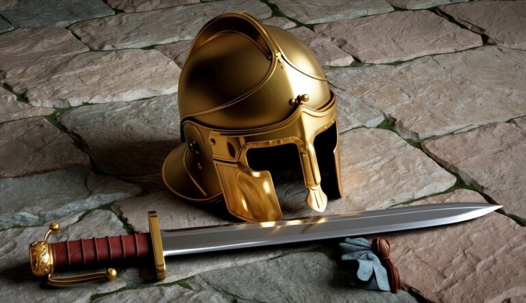 Golden helmet and sword on stone ground, with gloves