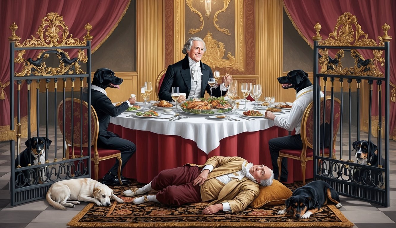 A wealthy man feasts in a lavish banquet hall while a beggar lies at the gates, surrounded by dogs