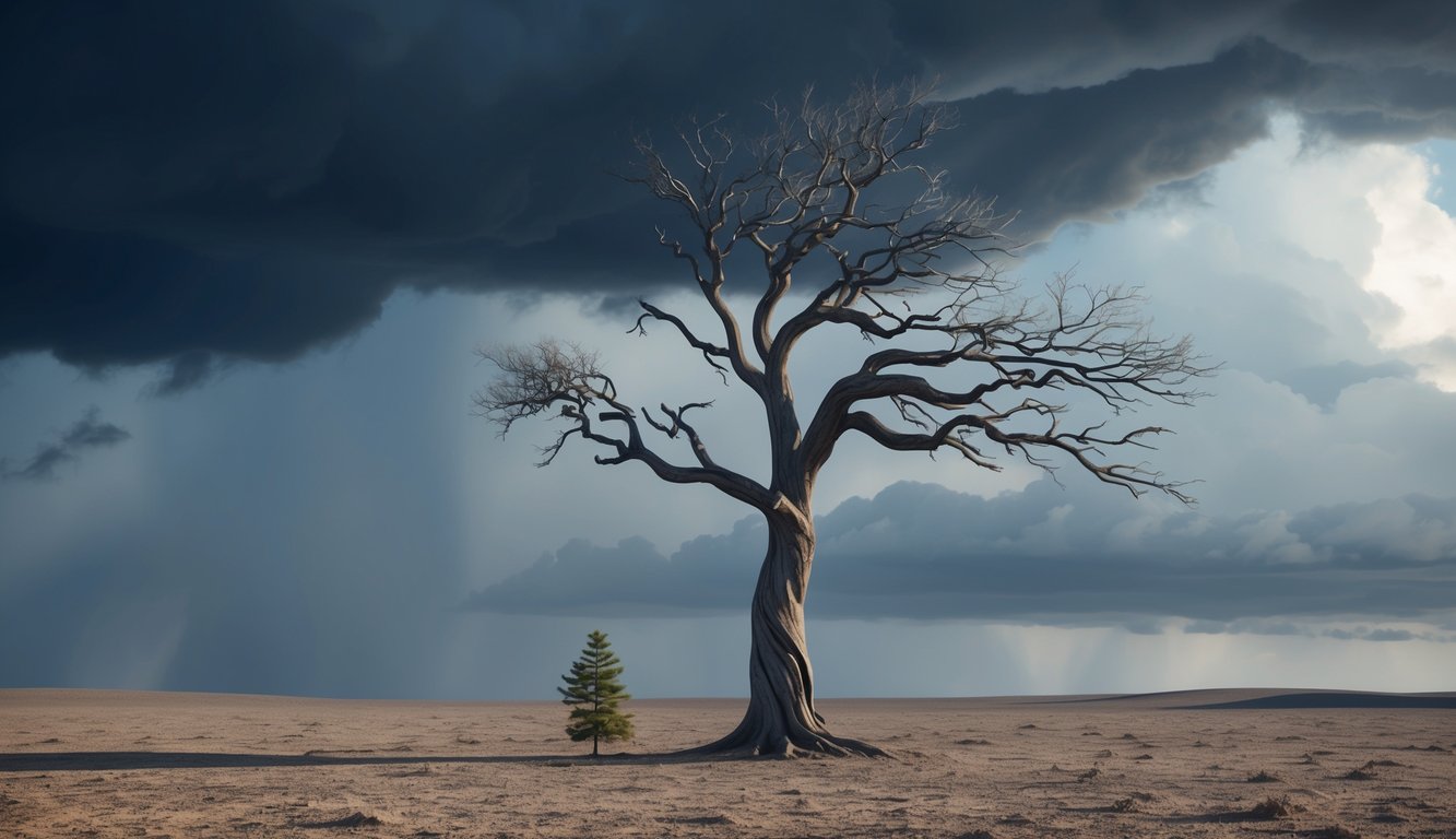 A lone tree stands in a barren landscape, its branches twisted and weathered.</p><p>Dark storm clouds loom overhead, but a small sapling grows at the base, symbolizing perseverance