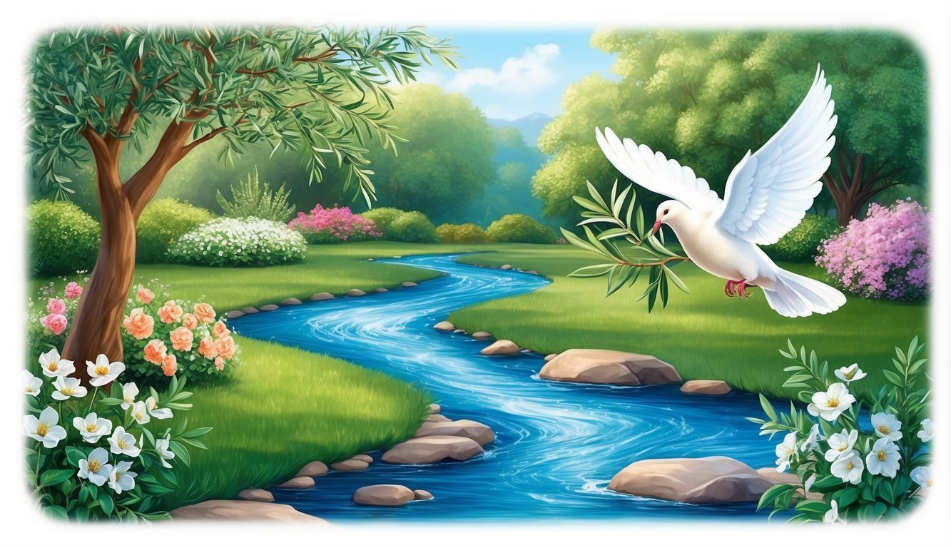 A serene garden with a flowing river, blooming flowers, and a peaceful dove carrying an olive branch