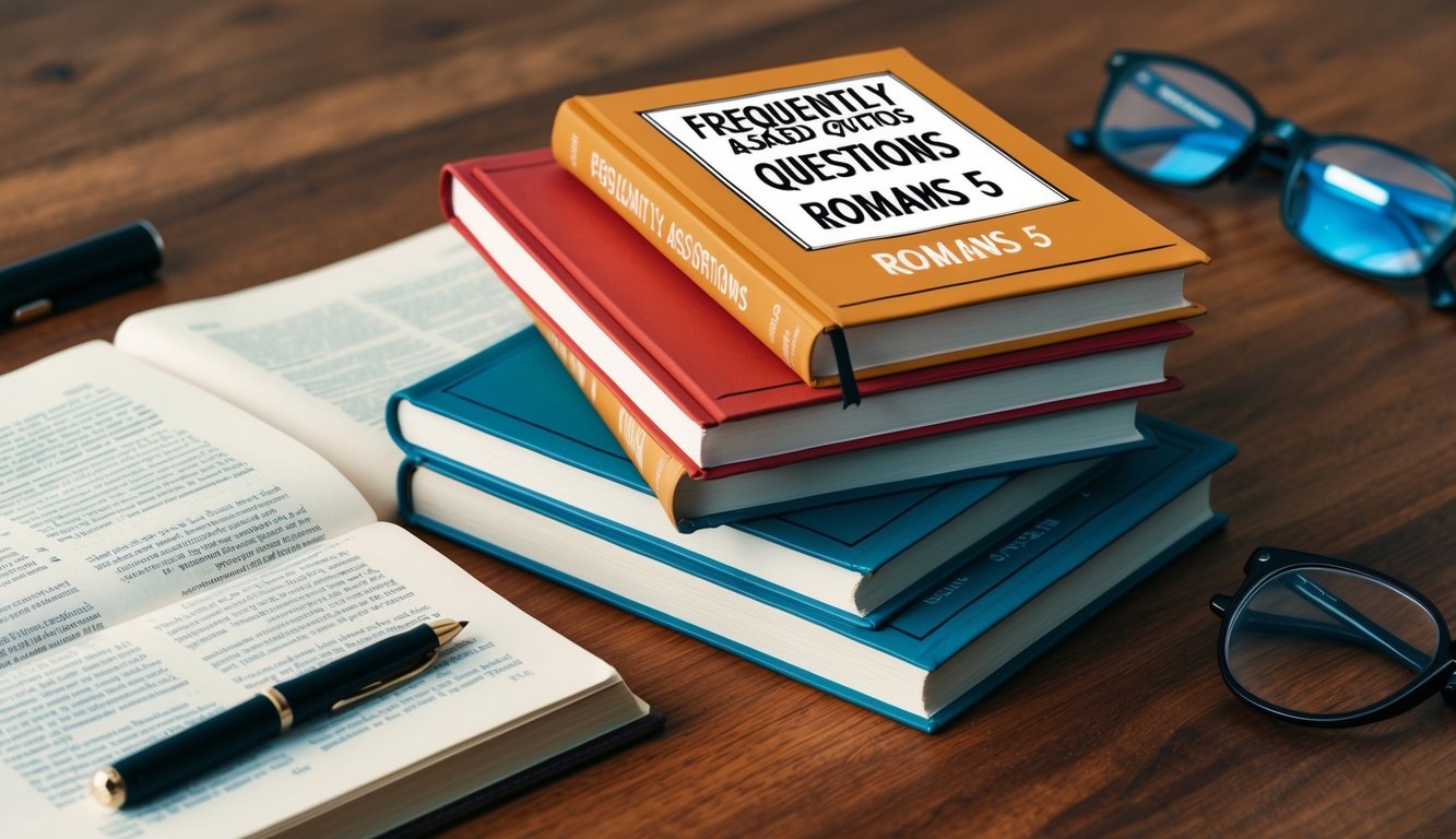 A stack of open books with the title "Frequently Asked Questions Romans 5" on a wooden desk with a pen and glasses nearby