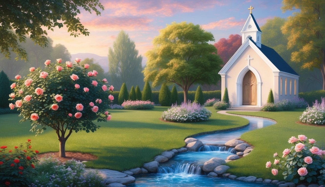 A serene garden with a blooming rose bush, a flowing stream, and a peaceful chapel dedicated to St. Anne