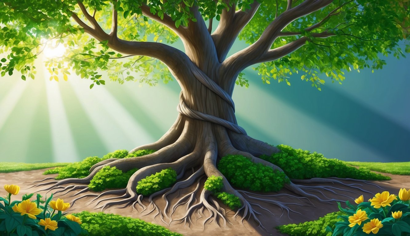 A towering tree with roots intertwining with the earth, surrounded by lush greenery and vibrant flowers.</p><p>Sunlight filters through the leaves, casting dappled shadows on the ground