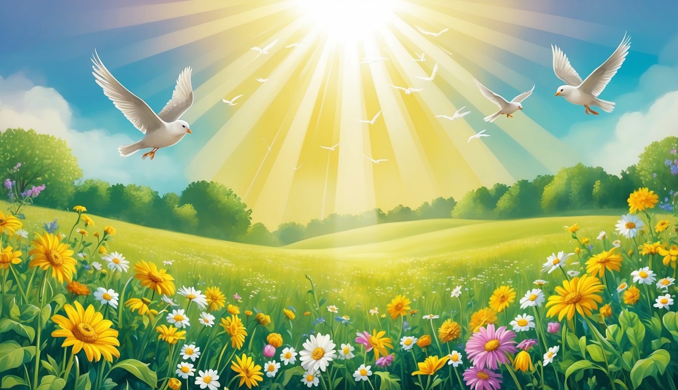 A radiant light shining down on a peaceful meadow, with birds soaring and flowers blooming in abundance