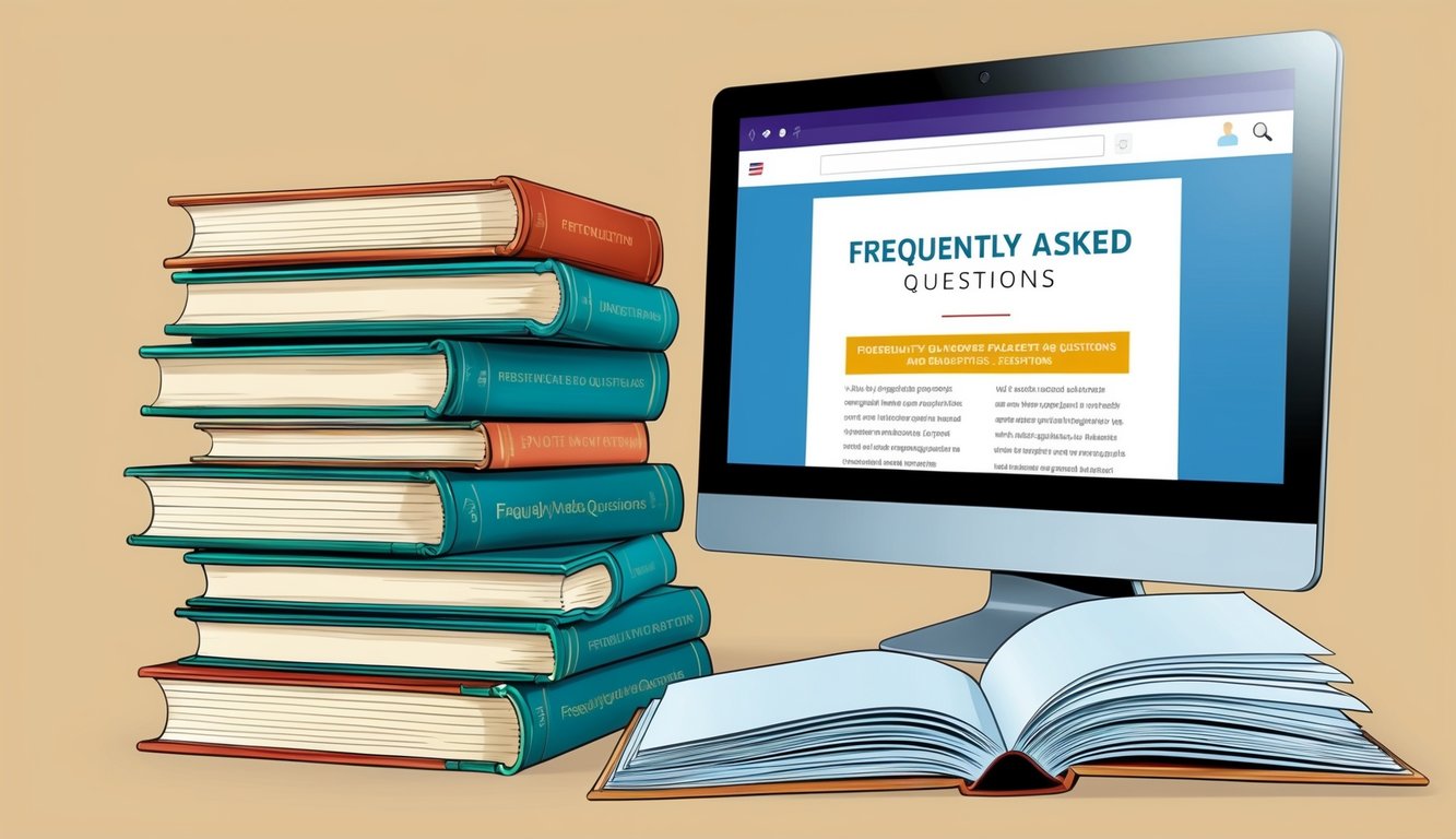 A stack of open books with highlighted text and a computer screen displaying a website with a "Frequently Asked Questions" section